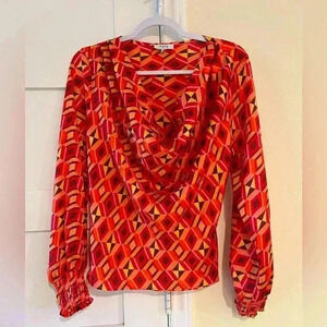 Fate Orange Brown Yellow Deco Design Long Sleeve Cowl neck Size Medium NWOT